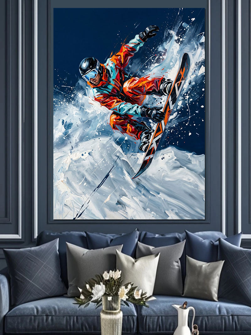 Karlı Havada Snowboard Zıplayan Sporcu Kanvas Tablo