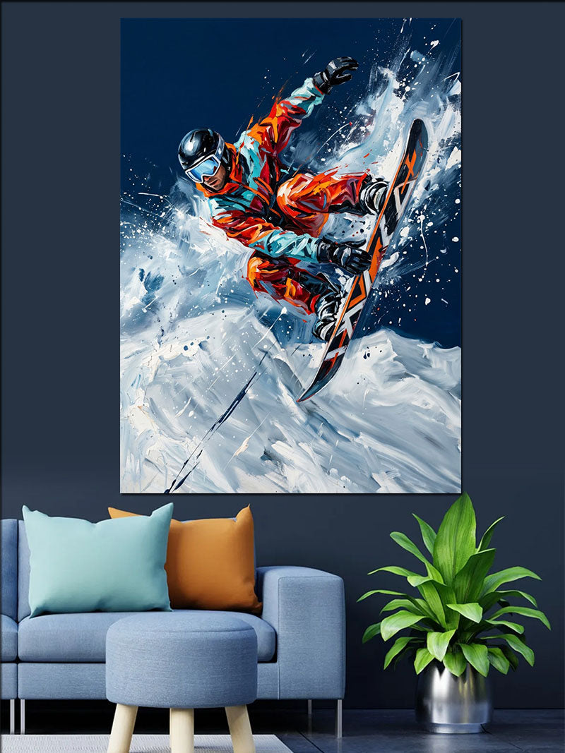 Karlı Havada Snowboard Zıplayan Sporcu Kanvas Tablo