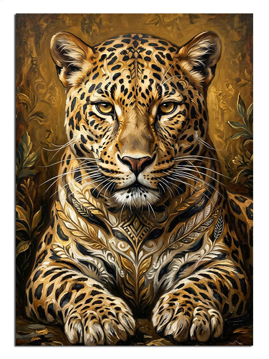Altın fonda yatan benekli jaguar leopar portresi
