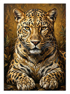 Altın fonda yatan benekli jaguar leopar portresi