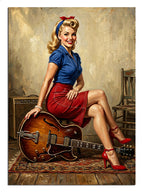 Gitar ile taburede oturan kırmızı etekli pin-up kadın