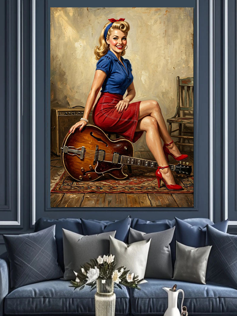 Gitarlı Pin-up Sarışın Kadın Taburede Kanvas Tablo