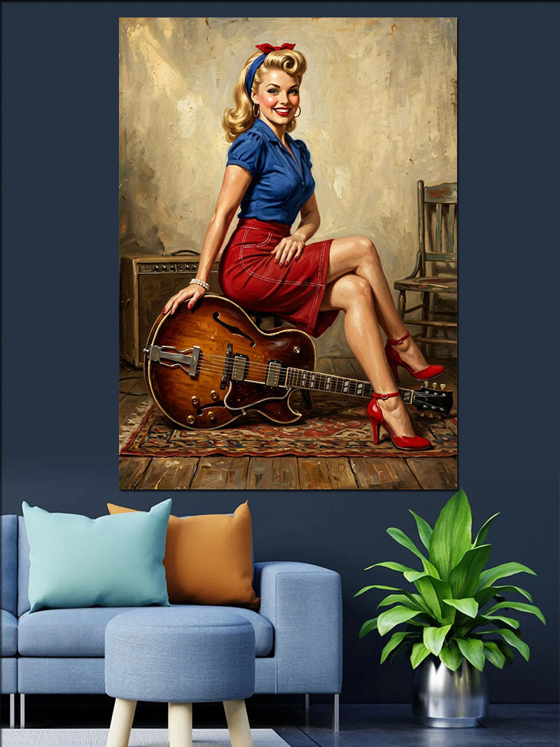 Gitarlı Pin-up Sarışın Kadın Taburede Kanvas Tablo
