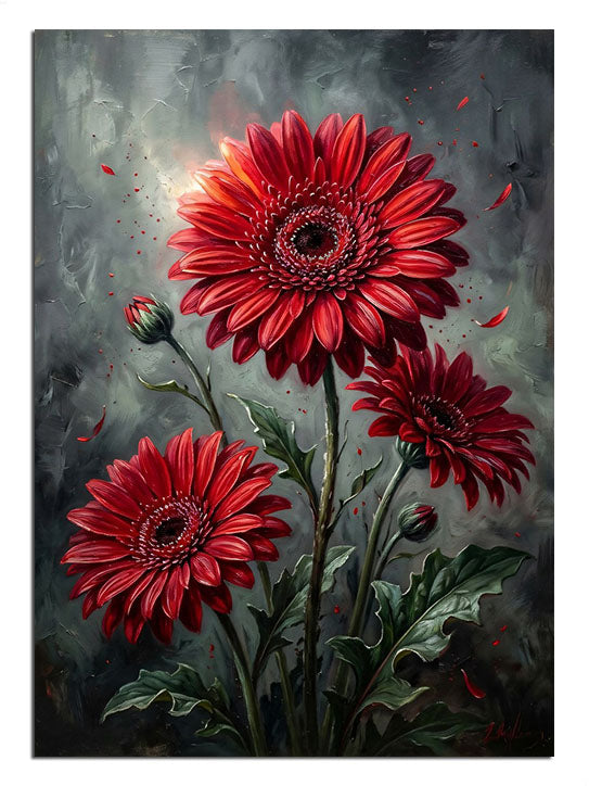 Gri fonda üç kırmızı gerbera papatya çiçeği