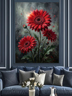Kırmızı Gerbera Papatya Çiçekleri Üçlü Kanvas Tablo