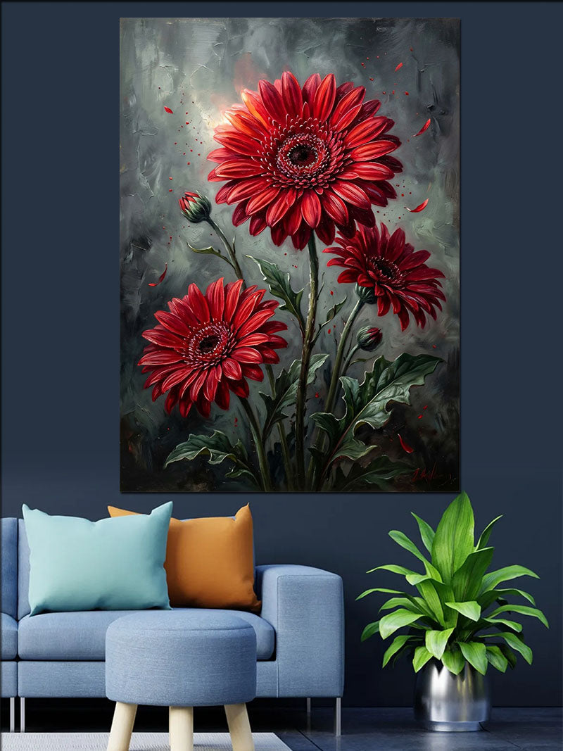 Kırmızı Gerbera Papatya Çiçekleri Üçlü Kanvas Tablo