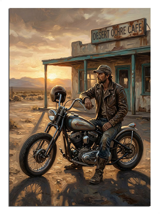 Çölde kafe önünde motosikletli kovboy gün batımı