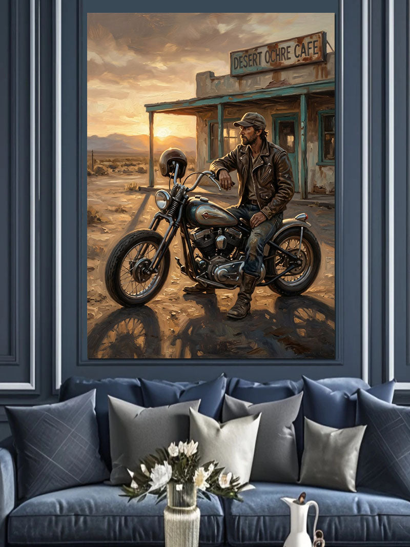 Çölde Motosikletli Kovboy Gün Batımı Kanvas Tablo