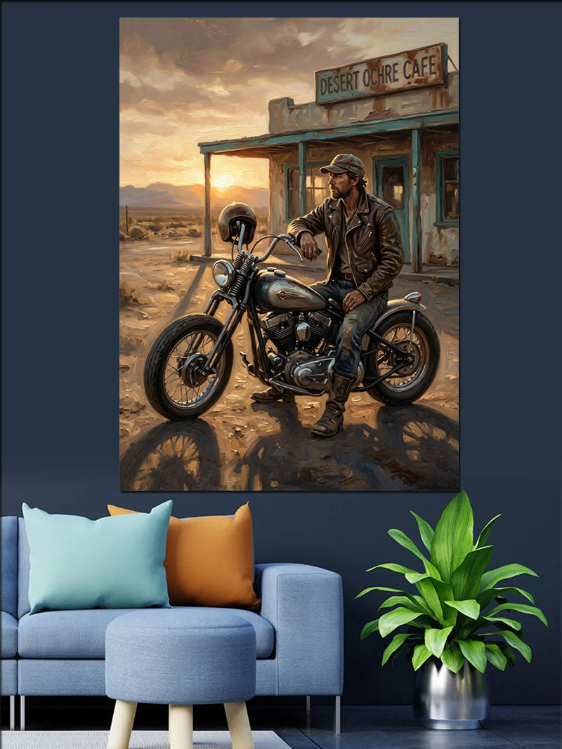 Çölde Motosikletli Kovboy Gün Batımı Kanvas Tablo