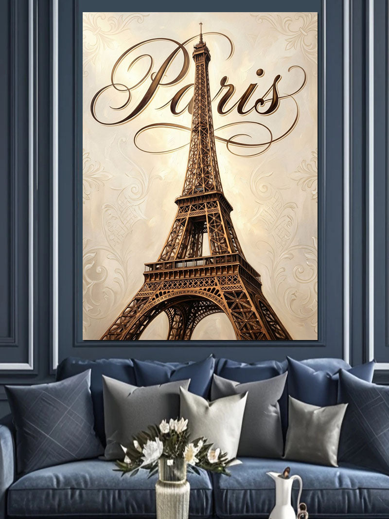 Eyfel Kulesi Paris Altın Yazılı Kanvas Tablo