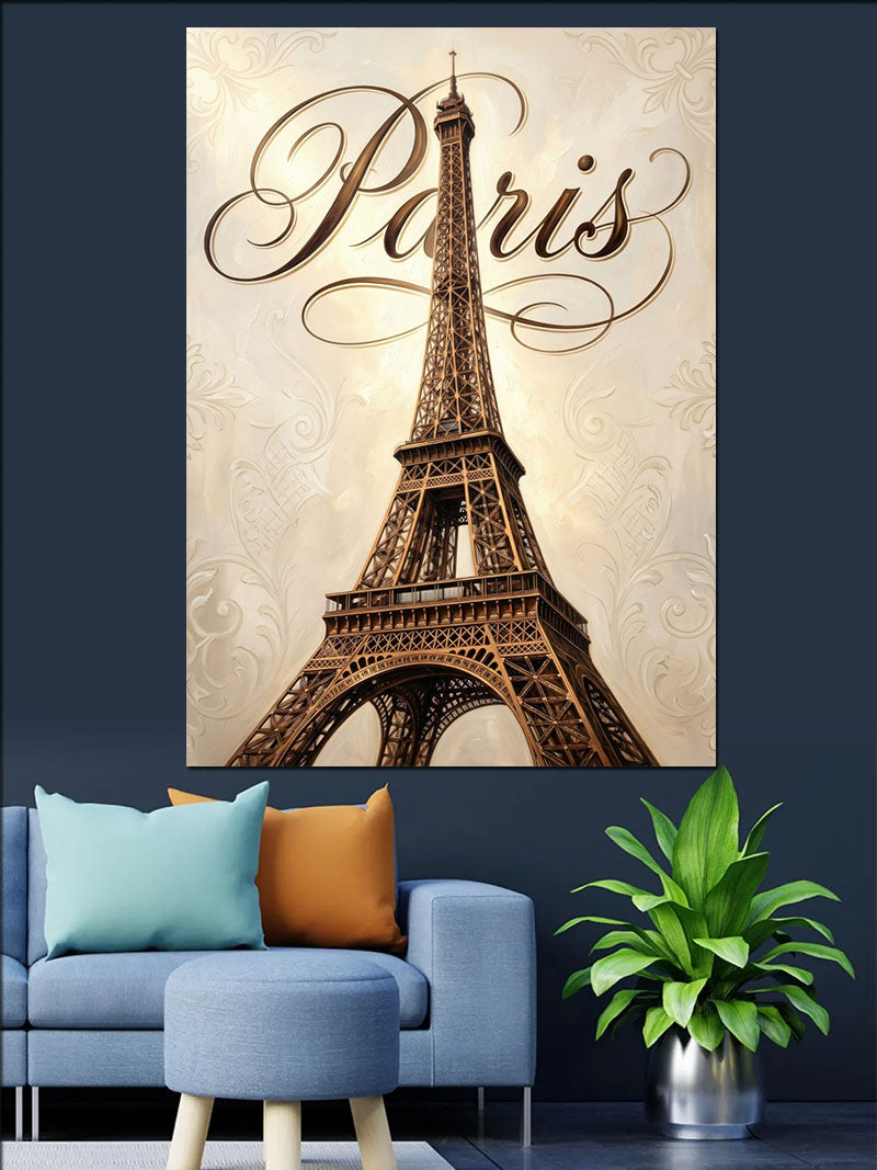Eyfel Kulesi Paris Altın Yazılı Kanvas Tablo