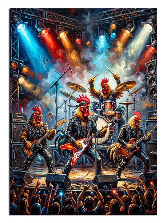 Horoz başlı rock grubu ışıklı konser sahnesinde