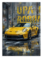 Grafiti duvarlı ıslak sokakta sarı Porsche spor araba