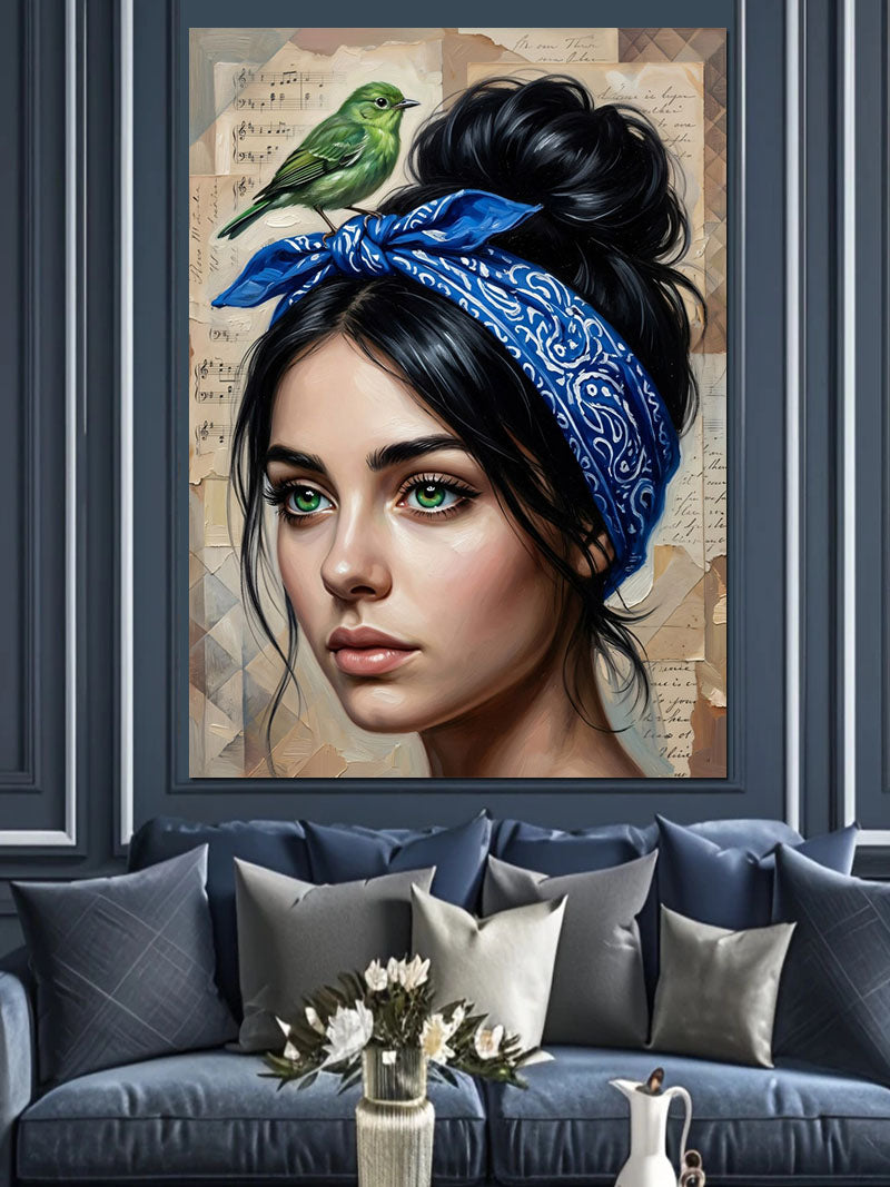 Mavi Bandanalı Yeşil Kuşlu Kadın Kanvas Tablo