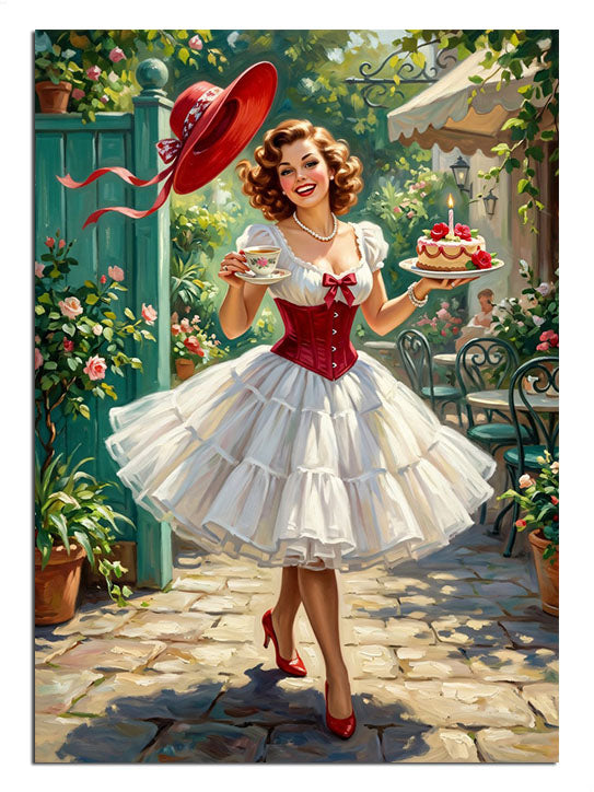 Kırmızı şapkalı pasta taşıyan beyaz elbiseli pin-up garson