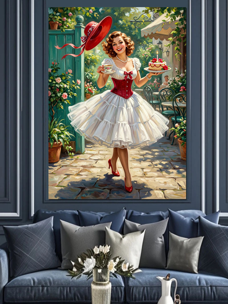 Kırmızı Şapkalı Pastalı Pin-up Garson Kanvas Tablo