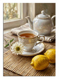 Papatyalı çay fincanı ve beyaz demlik limonlu