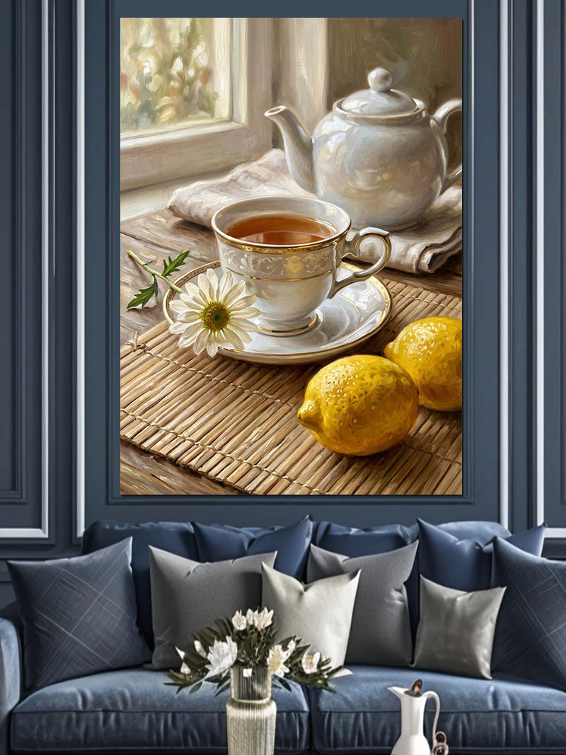 Limonlu Çay Fincanı ve Demlik Kanvas Tablo