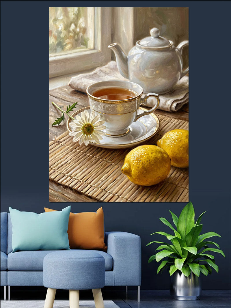 Limonlu Çay Fincanı ve Demlik Kanvas Tablo