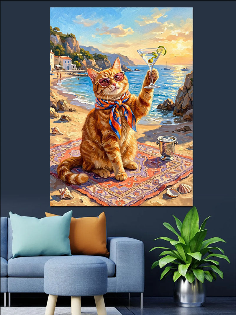 Kedi Plajda Kokteyl İçiyor Komik Kanvas Tablo