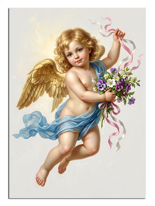 Elinde çiçek buketli uçan melek bebek cupid