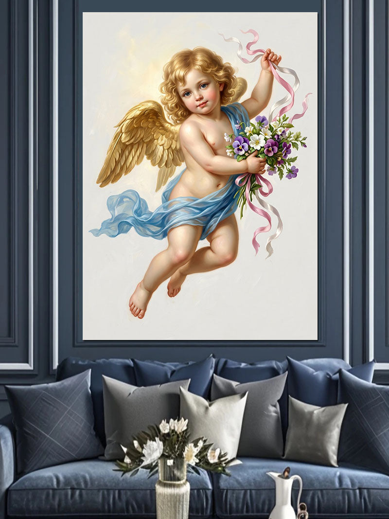 Çiçekli Melek Bebek Uçan Cupid Kanvas Tablo