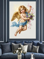 Çiçekli Melek Bebek Uçan Cupid Kanvas Tablo