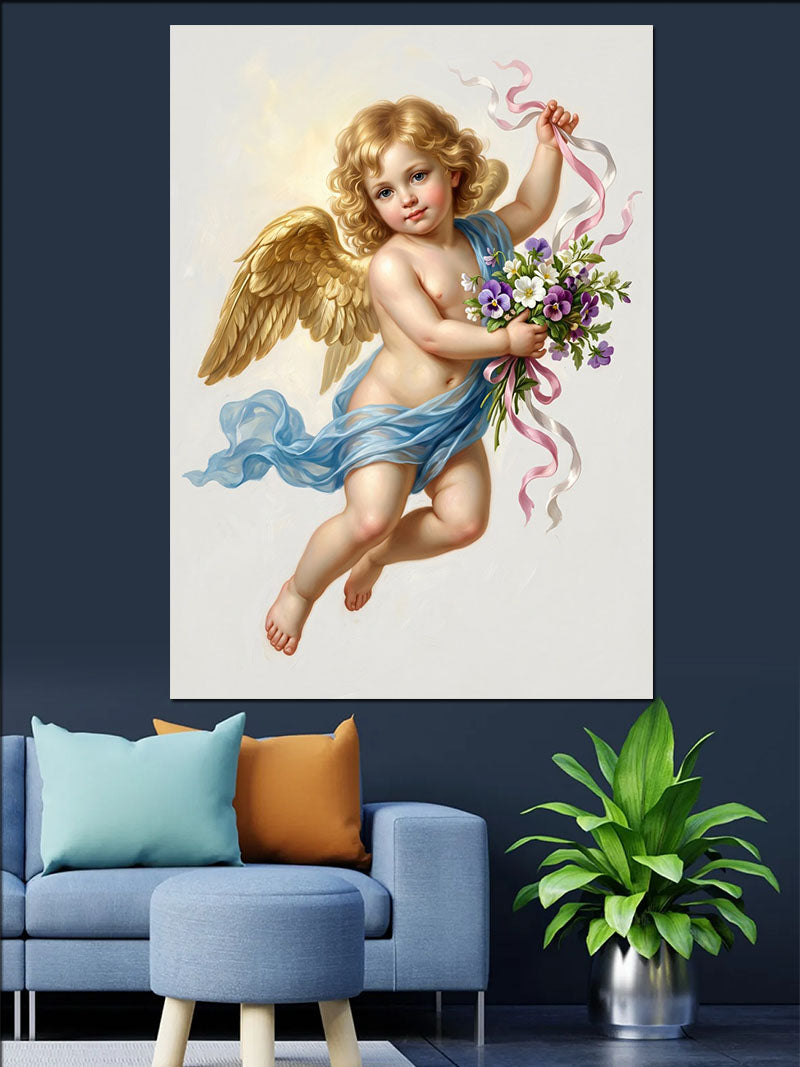 Çiçekli Melek Bebek Uçan Cupid Kanvas Tablo