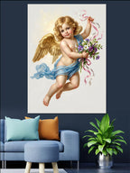 Çiçekli Melek Bebek Uçan Cupid Kanvas Tablo