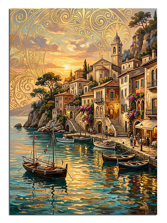 Gün batımı ışıklı liman kasabası ve kayıklar manzarası