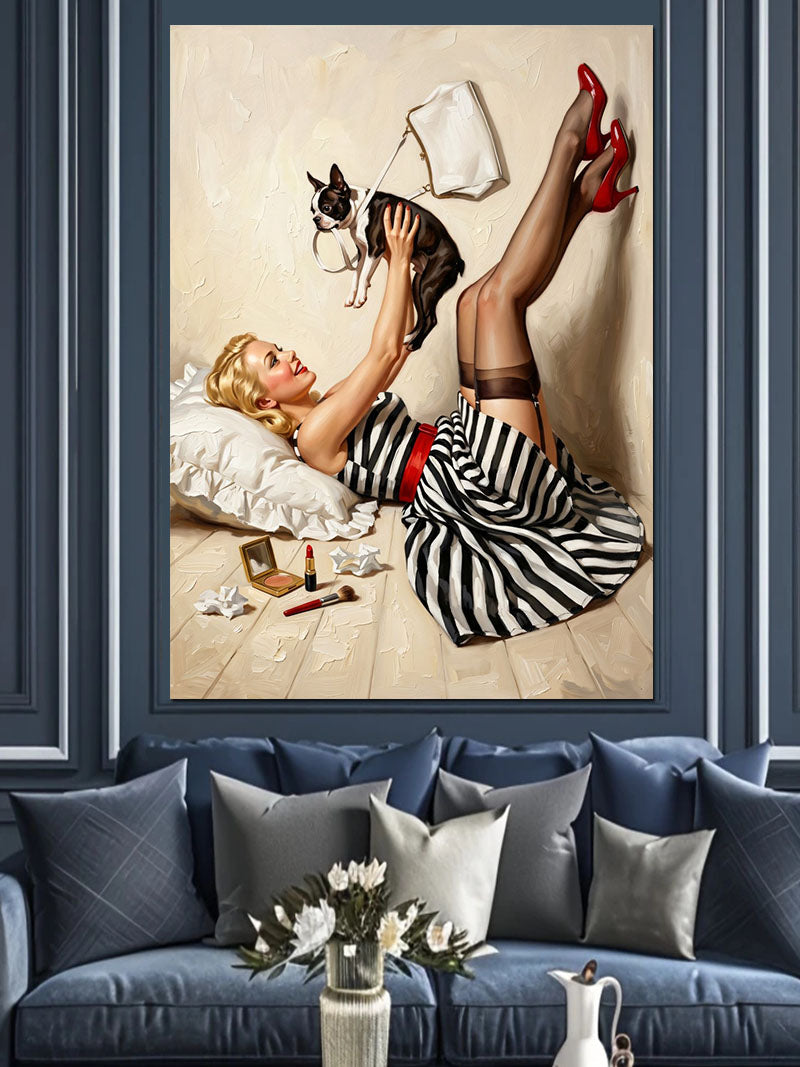 Yatakta Kedi Seven Pin-up Kadın Kanvas Tablo