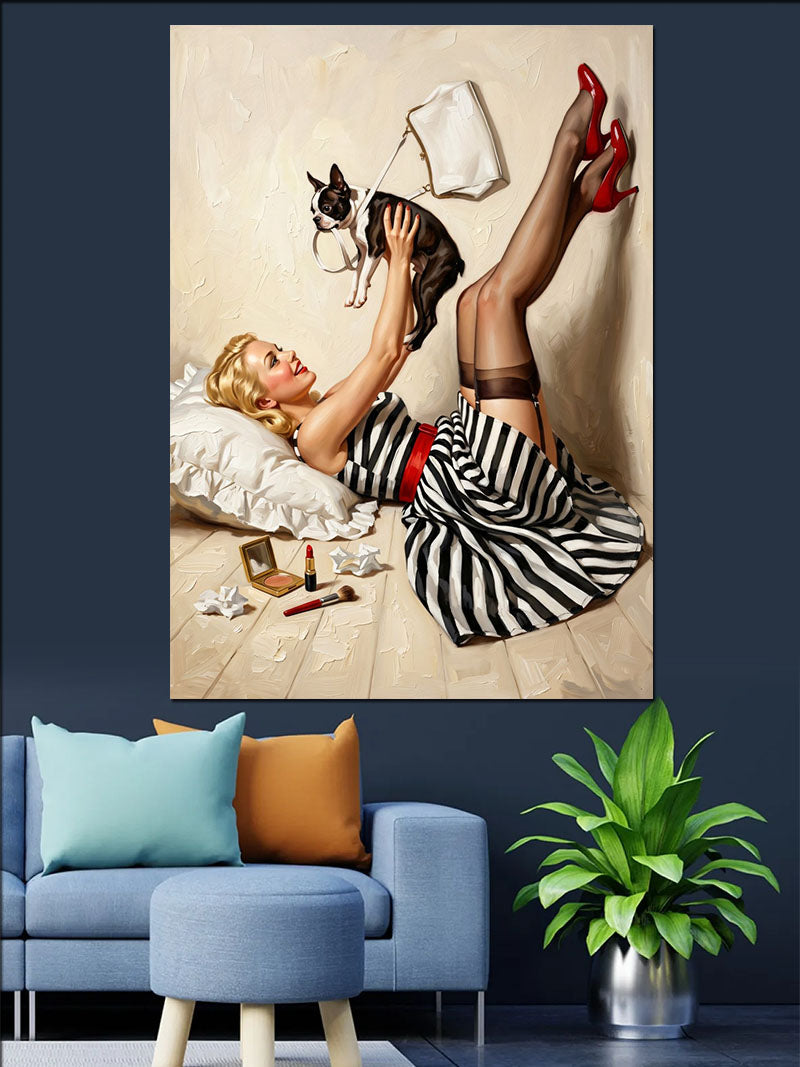 Yatakta Kedi Seven Pin-up Kadın Kanvas Tablo