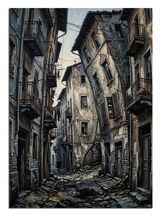 Dar taş sokak ve eski yıkık bina manzarası