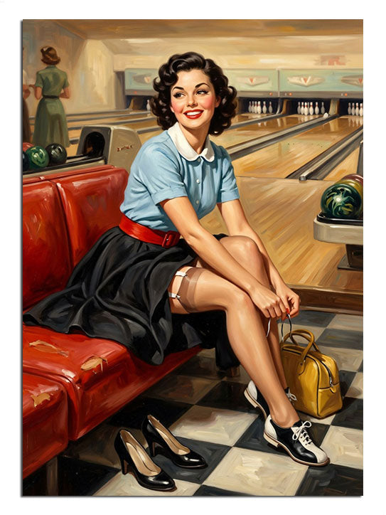 Bowling salonunda kırmızı koltukta oturan pin-up kadın