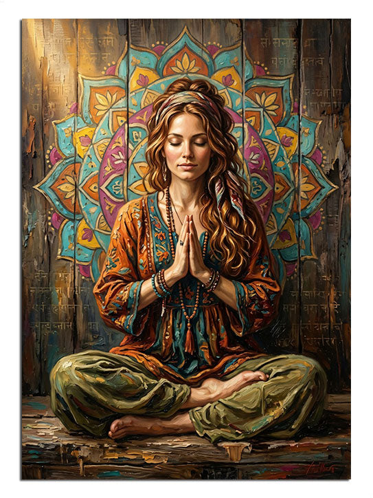 Renkli mandala önünde lotus pozunda meditasyon yapan kadın