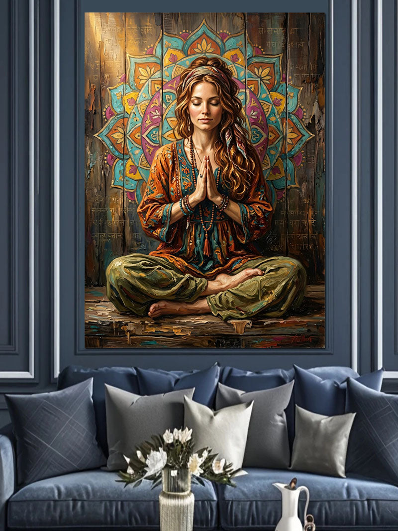 Mandala Önünde Meditasyon Yapan Kadın Kanvas Tablo