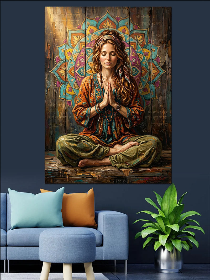Mandala Önünde Meditasyon Yapan Kadın Kanvas Tablo