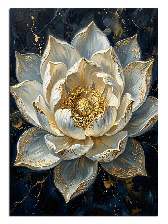 Lacivert fonda altın desenli beyaz lotus çiçeği