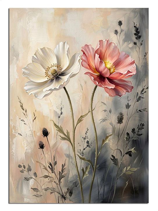 Bej fonda beyaz ve pembe anemon çiçekleri iki adet