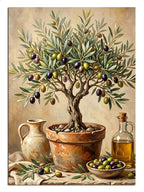 Saksıda zeytin ağacı ve zeytinyağı şişeli natürmort
