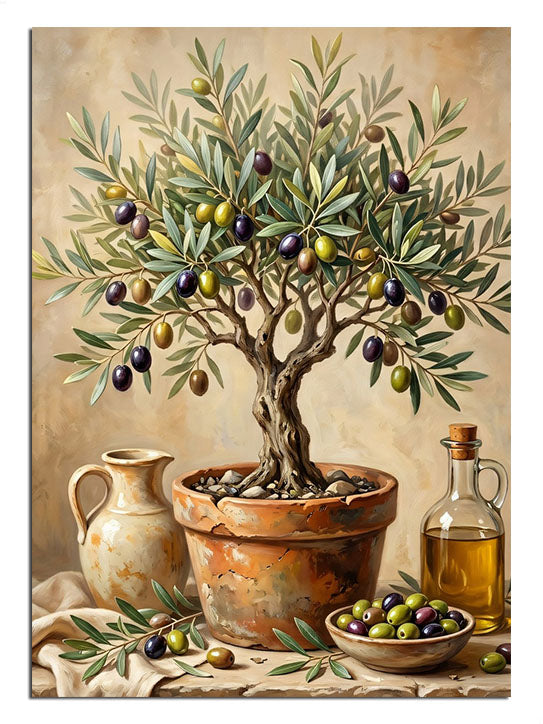 Saksıda zeytin ağacı ve zeytinyağı şişeli natürmort