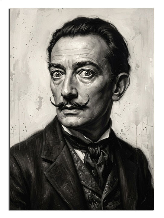 Siyah beyaz Salvador Dali bıyıklı portre tablosu