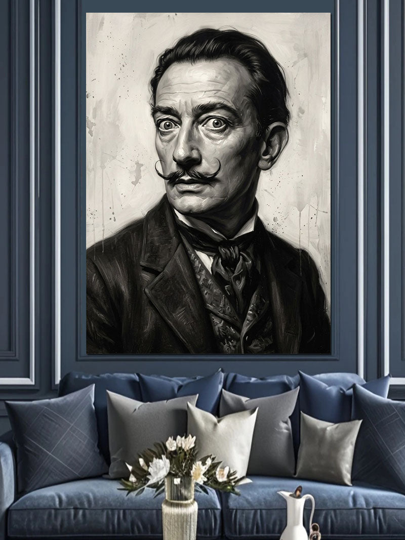 Bıyıklı Salvador Dali Siyah Beyaz Portre Kanvas Tablo