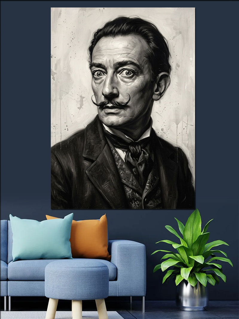Bıyıklı Salvador Dali Siyah Beyaz Portre Kanvas Tablo