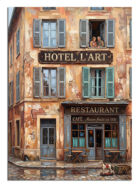 Hotel L'Art ve restaurant yazılı Fransız bina cephesi