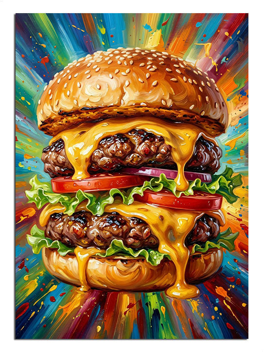 Renkli pop art ışınlı çift katlı cheeseburger