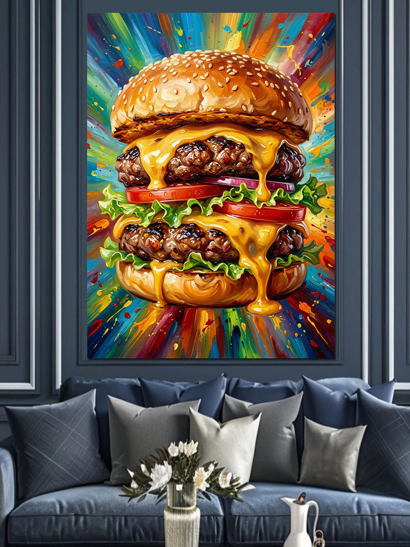 Peynirli Burger Renkli Pop Art Kanvas Tablo