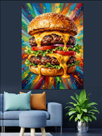 Peynirli Burger Renkli Pop Art Kanvas Tablo