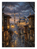 Sisli taş sokakta Süleymaniye Camii manzarası gece