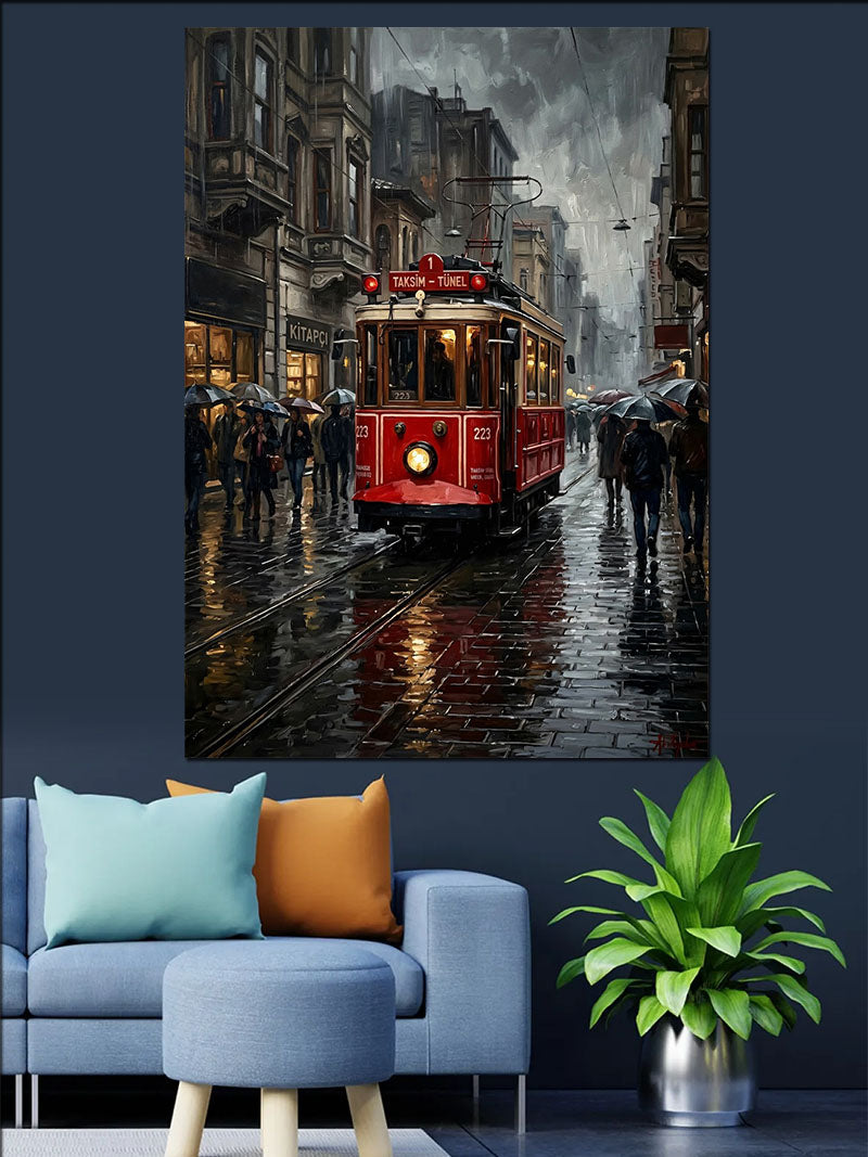 Yağmurlu İstanbul İstiklal Tramvay Sokak Kanvas Tablo